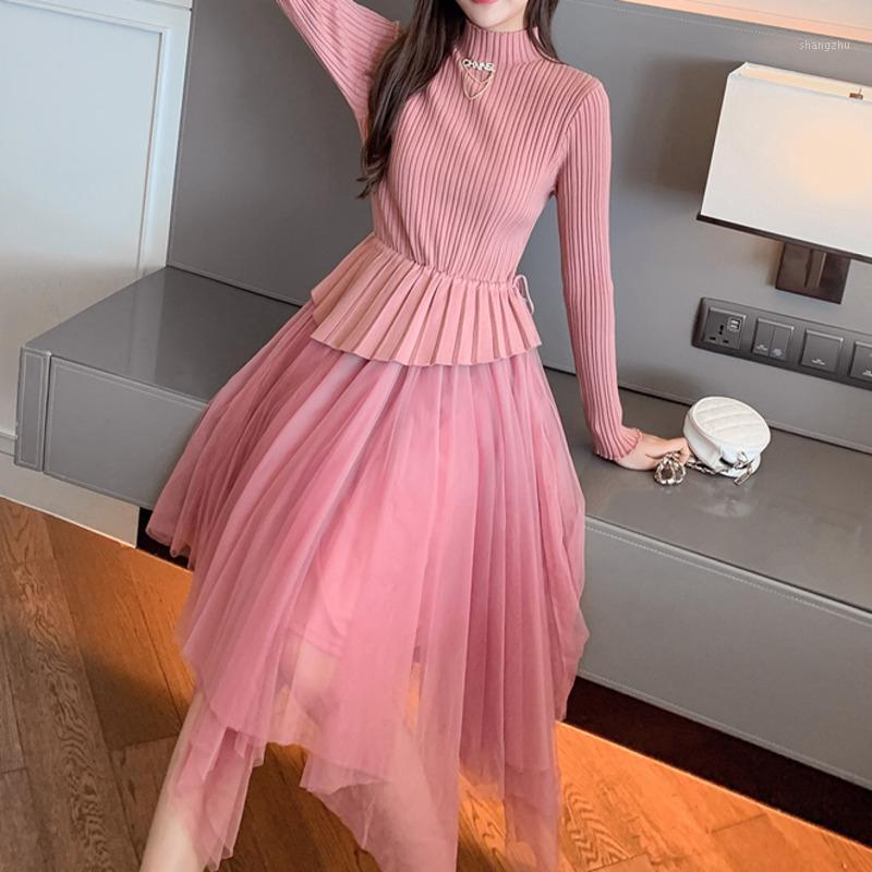 

Casual Dresses 2021 Autumn Winter Fashion Knitted Slim Midi Long Sleeve Mesh Patchwork Asymmetrical Strappy Dress Kobieta Sukienka, Black