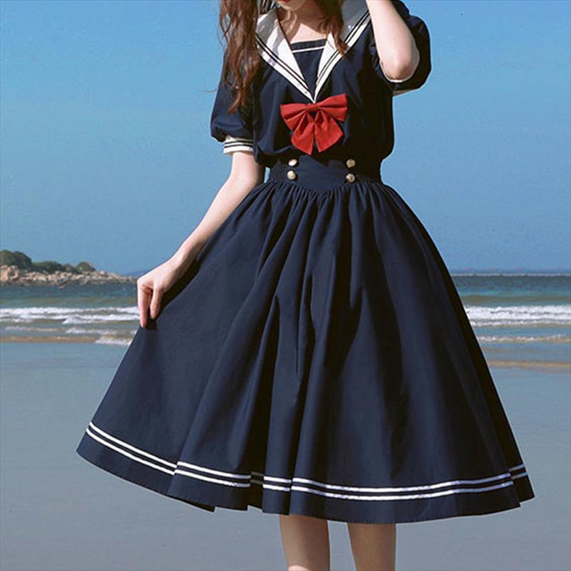 

harajuku sailor collar navy women dresses japanese lolita sweet bow knot girl retro cotton kawaii preppy style short sleeve, Black;gray