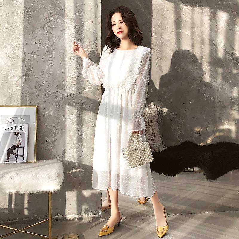 

2021 New Spring Autumn Chiffon Women Vintage Long Sleeve Ruffled Party Sexy Ladies Beach Vestidos O-neck Solid Rfh8, White