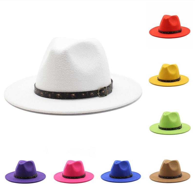 

Wide Brim Hats Bronzing Five-pointed Star Belt Solid Color Classic Fedora Hat Autumn Imitation Woolen Women Men Ladies Felt Top Jazz, 20