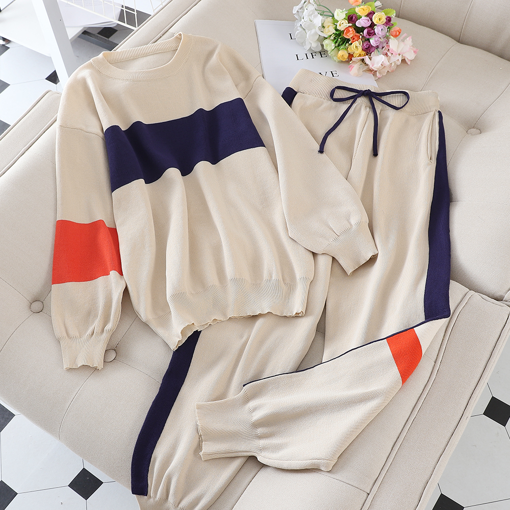 

2021 New Casual sports suit female Korean of the autumn fashion foreign long-sleeved knitted two-piece Z9HR, Beige
