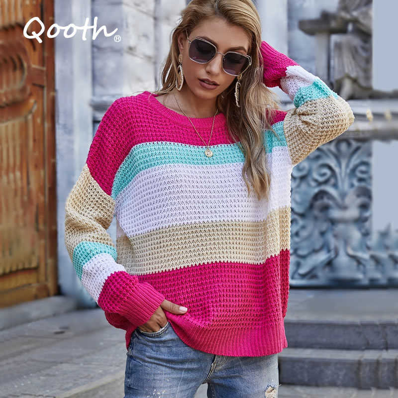 

Qooth Patchwork Women Sweaters Bohemian Slim Jumper Knitwear Autumn Long Sleeve Pullover Holiday Rainbow Sweater Female QT324 210609, Orange