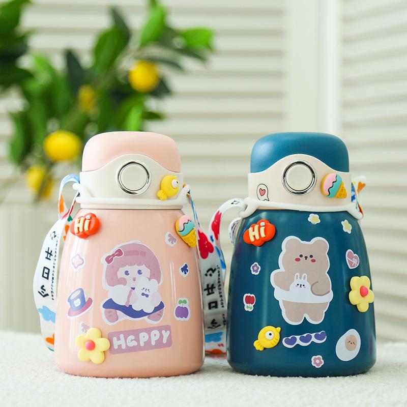 

Water Bottles Big Belly Vacuum Flask Cute And Simple Female Large-capacity Straw Stainless Steel Student Portable Bottle