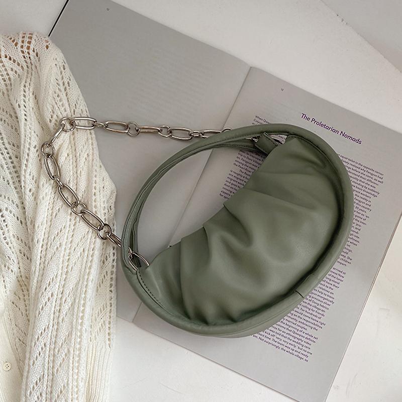 

Pleated Women Round Bag Retro Ladies HalfMoon Bag Chain Handbag Niche Design Shoulder PU Leather Crossbody Trendy Purses, Black