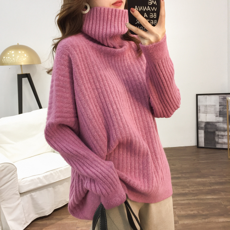 

2021 New lazy wind solid color pit strip high collar pullover sweater female long-sleeved knitted top XDFJ, Plum powder