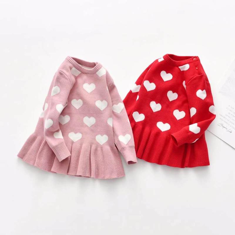 

Girl's Dresses Girl Autumn Winter Dress, Wool Knitting Sweater Heart Printed Lace Shirt Pullover For Kids 18M-5T, Red;yellow