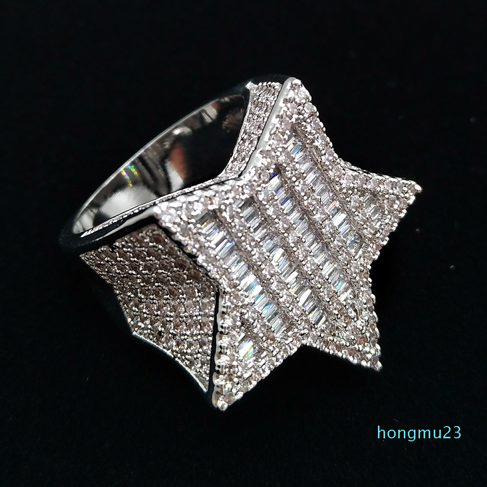 

18K Gold & White Gold Mens new Bling Cubic Zirconia Pentagram Hip Hop Ring guys Full Diamond Iced Out Rapper Jewelry Gifts for Boyfriend