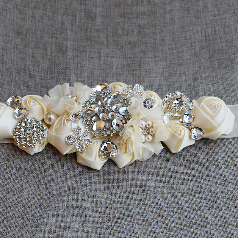 

Fashion Flowers Floral Bridal Sashes With Crystal Rhinestone Grey Burgundy White Beige Wedding Belt