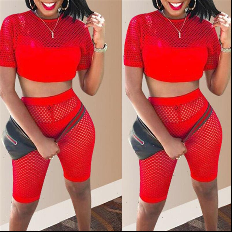 

2021 New Women Sexy Mesh Fishnet Short Sleeve Crop Top Short Pant Sets Summer Bodycon Playsuit Clubwear 2Pcs Set, Gray