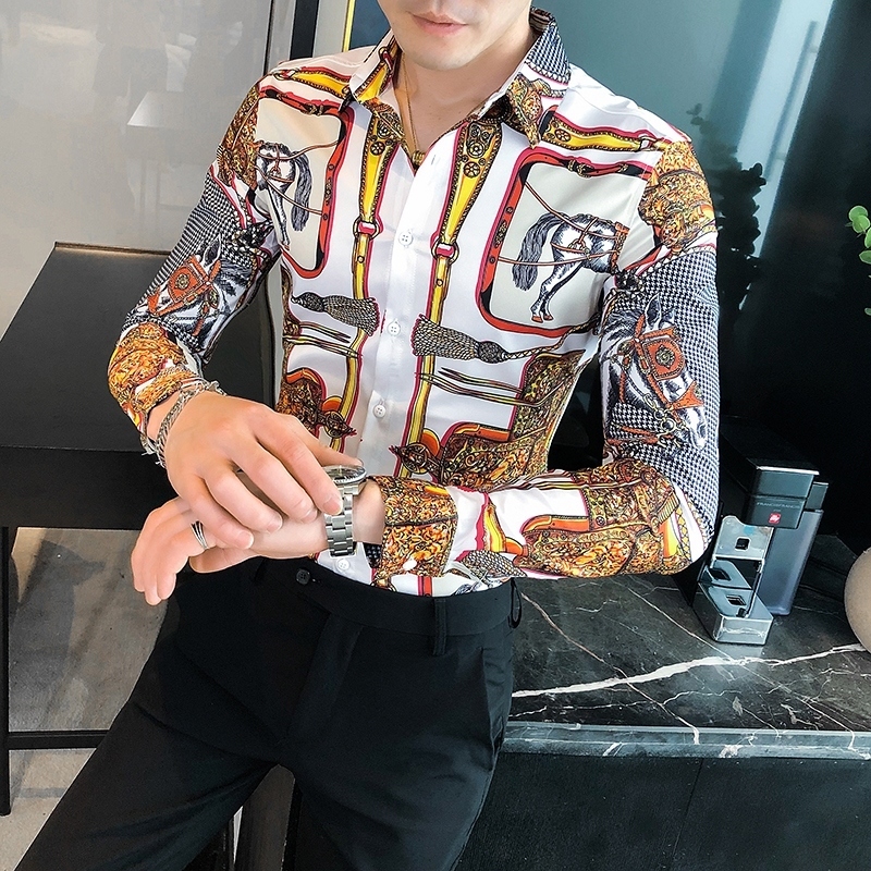

New Estilo Britnico De Luxo Do Vintage Impresso Camisa Manga Comprida Roupas Masculinas 2021 Simples Fino Ajuste Casual Clube Formatura Txpn, White