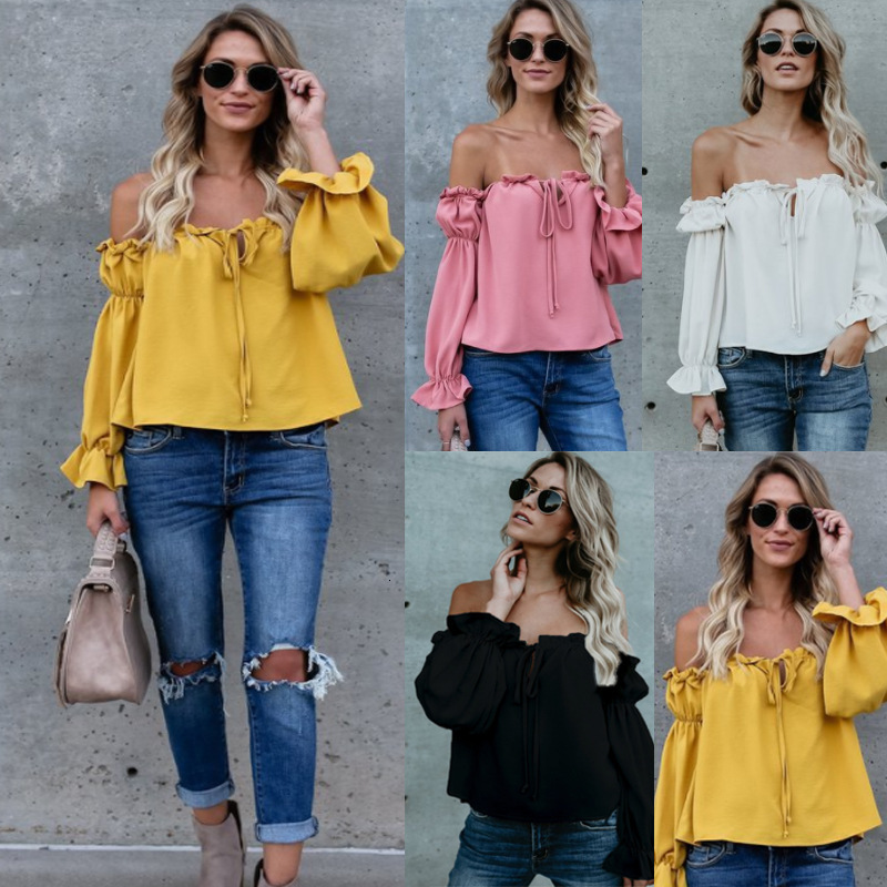 

2021 New Fashion Ruffles Solid Shirt Butterfly Sleeve Womens Tops and Blouses Chiffon Casual Three Quarter Slash Neck Ladies Shirts Hy2z, Pink