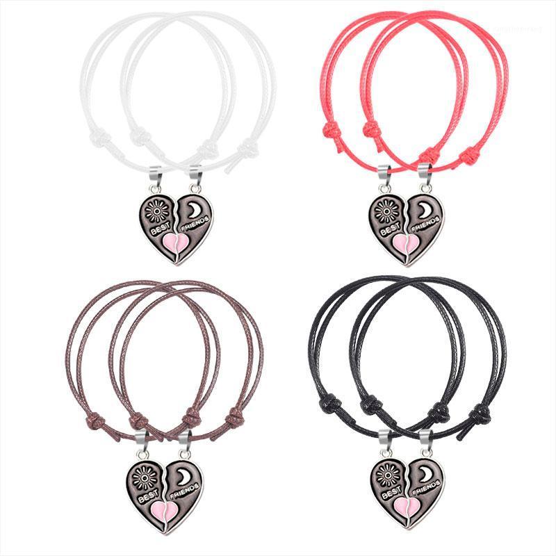 

Fashion Creative Leather Chain Bracelet 2-pcs-set Bff Heart Pendant Friend Men And Women Friendship Hand Jewelry Gift Bangle