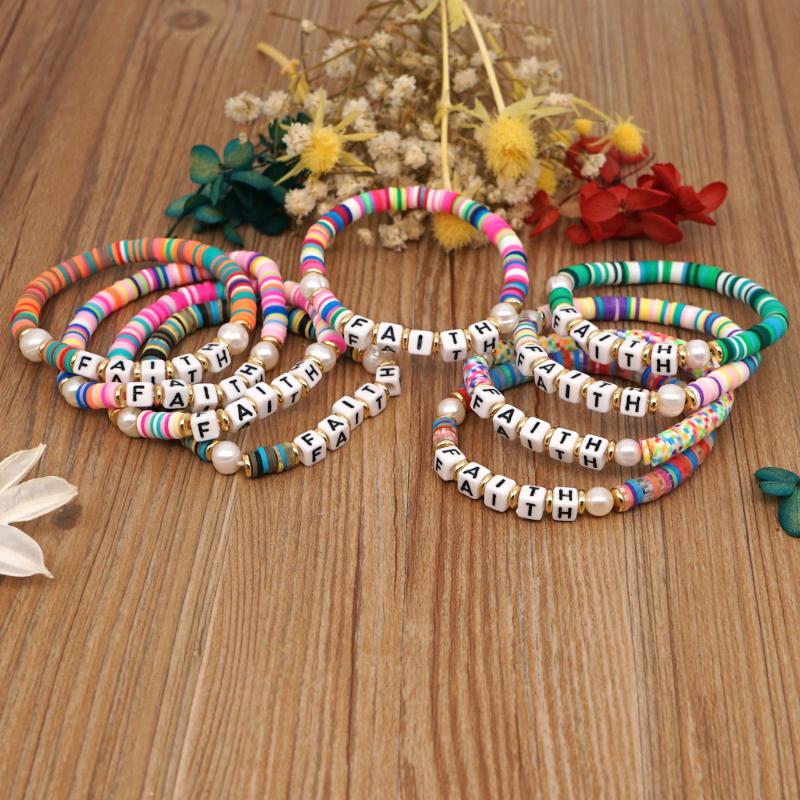 

Beaded, Strands BOHO Rainbow Polymer Clay Bracelets Faith Letter Heishi Beads Bracelet For Women Summer Beach Real Pearl Pulsera Jewelry