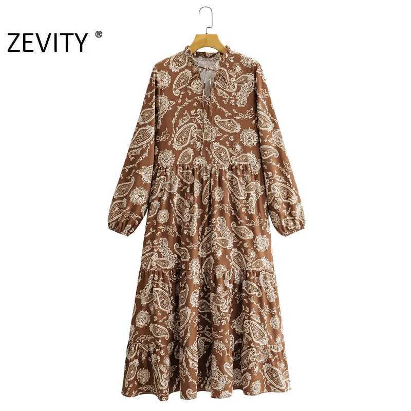 

Zevity Autumn Women Vintage Cashew Floral Print Midi Shirt Dress Ladies Chic Bow Long Sleeve Casual Pleat Ruffles Vestido DS4549 210603, As pic ds4549ff