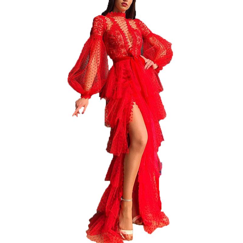 

Casual Dresses 2021 Sexy Mesh Long-sleeved Ball Gown Chinoiserie Red Dress Solid Color High Waist Banquet Evening Wear Office Lady Clothes