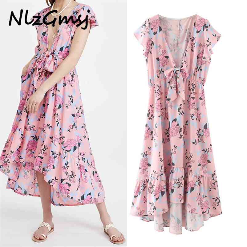 

Dres Fashion Flower Print Ruffled Midi Vintage Short Sleeve Female es Vestidos Mujer 03 210628, As picture