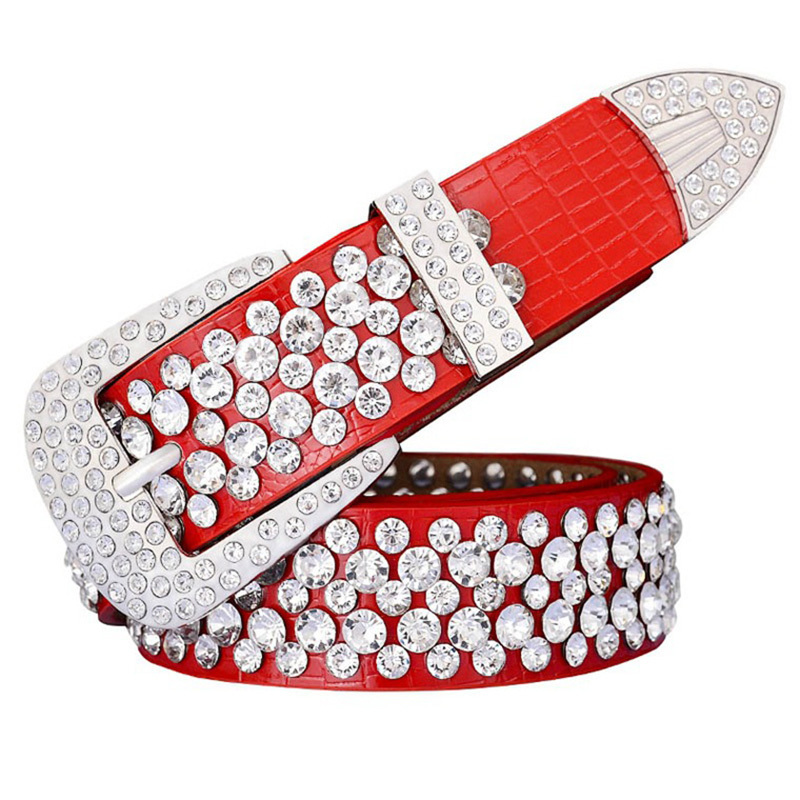 

Luxury Women's Strass Belt Digner Black and Red Broad Band Beat jeans Diamond Real Leathe Taille BandECSU
