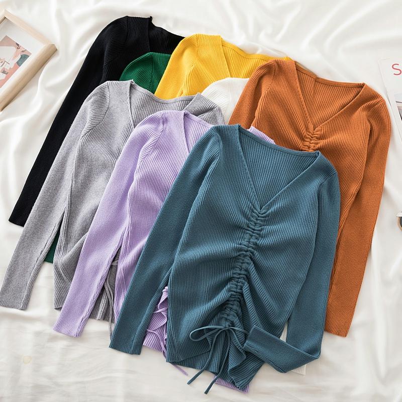 

Women's Sweaters AOSSVIAO Sexy Lace Up Knitting Pullover Top Fashion Autumn Winter Sweater Women Chic 2022 V-neck Knit Slim Jumper Pull Femm, White;black