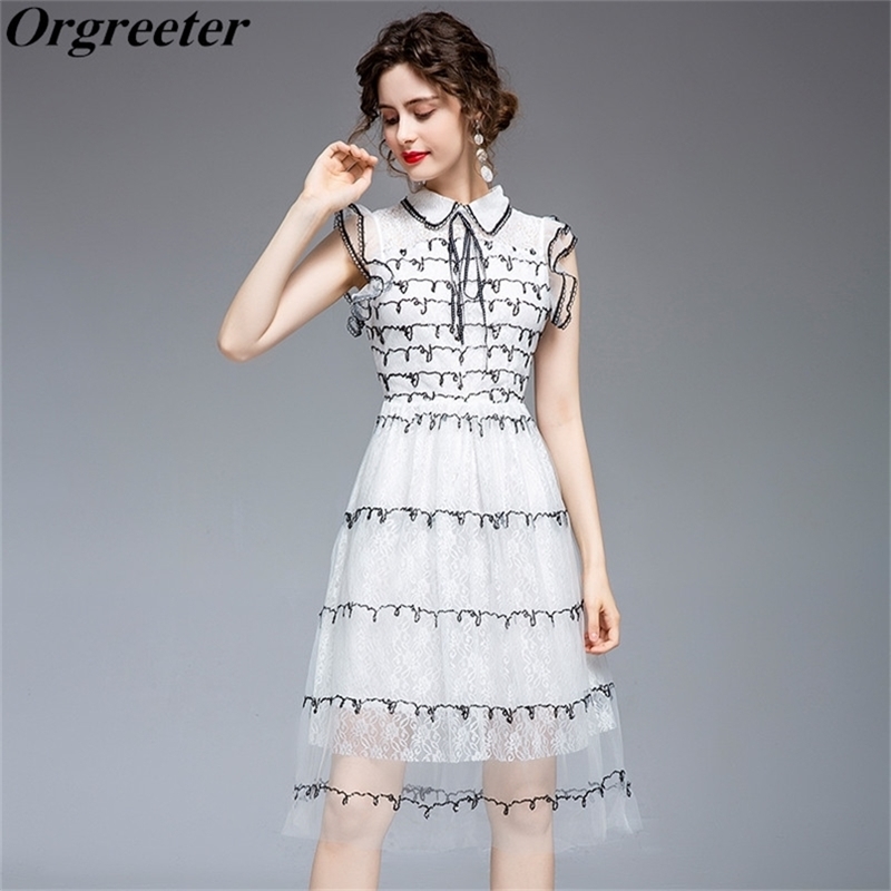 

Summer Dress Arrival Sequined Mesh Embroidery Sweet doll collar French White for Women Flying Sleeve Lace es 210602