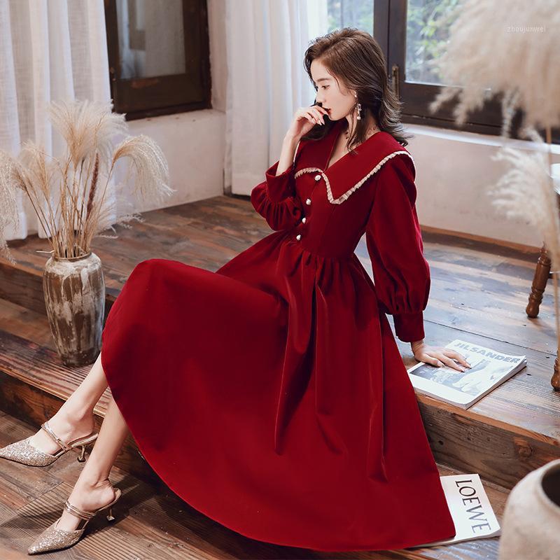 

Women' Tracksuits Velvet Toast Dress 2021 Autumn Winter Thickened Bride Wedding Wine Red Back Banquet, With wine red velvet