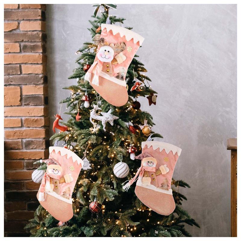 

Christmas Decorations Pink Socks Ornaments Gift Bags 3d Santa Snowman Bag For Tree Fireplace Family Holiday Party