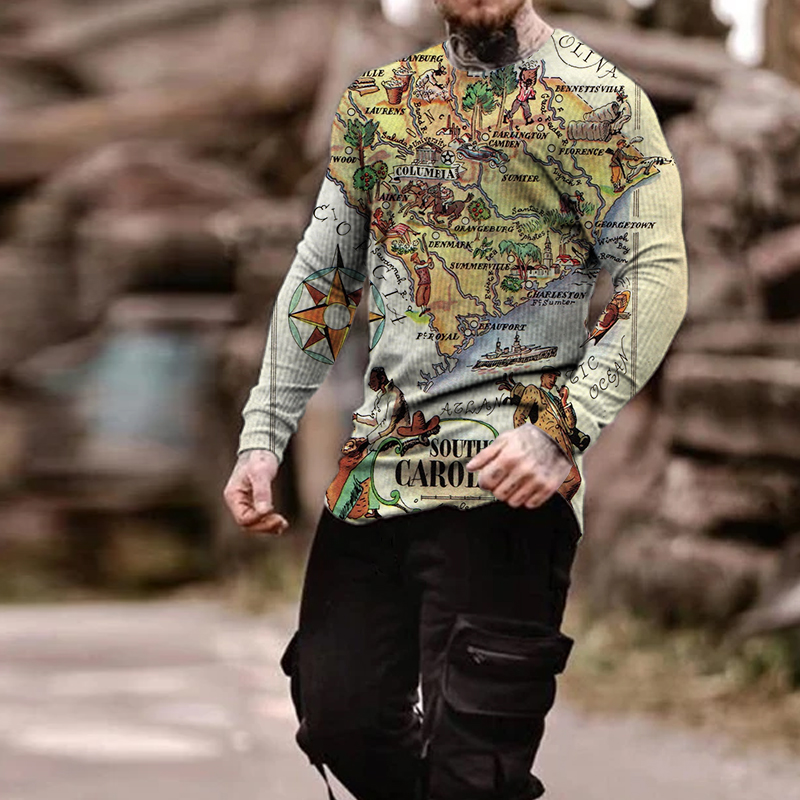 

World map Mens 3D Print T-shirt Visual Impact Party Top Streetwear Round Neck High Quality Long Sleeves Designer Plus Size Print Daily Workout, Picture1