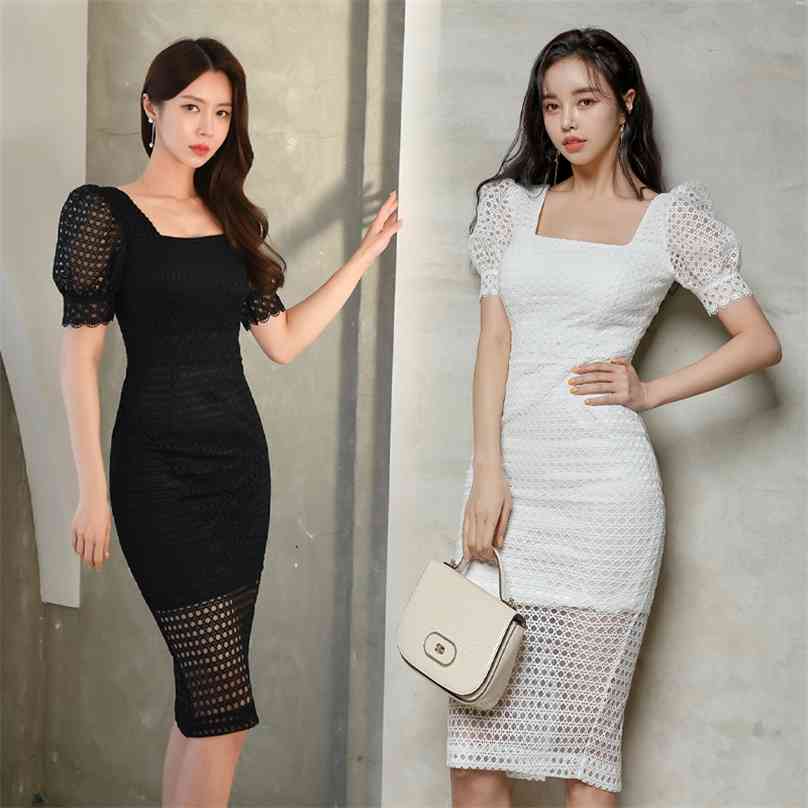 

lace Sexy tight Dress korean ladies Summer hollow out offcie bodycon party cabaret Dresses for women 210602, White