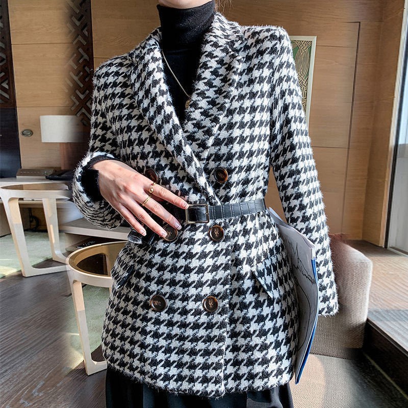 

2021 New Winter jacket Korean with waist bag houndstooth woolen coat suit thick and TSU5 086R HKXY, Without belt