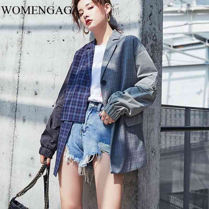 

Korea Parchwork Plaid Blazer Women Asymmetrical Coat Designer Jacket Fashion Blazers Long Sleeve Streetwear HZCU 210603, Beige