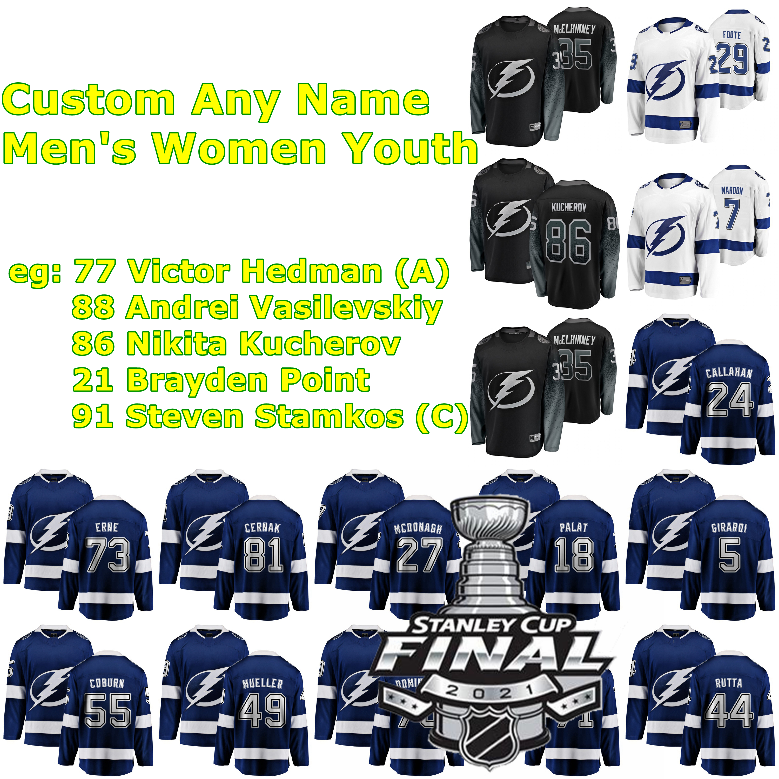 

2021 Stanley Cup Final Tampa Bay Lightning Ice Hockey Jerseys Curtis McElhinney Jersey Erik Cernak Blake Coleman Alex Barre-Boulet Ross Colton Custom Stitched, Mens white away final logo