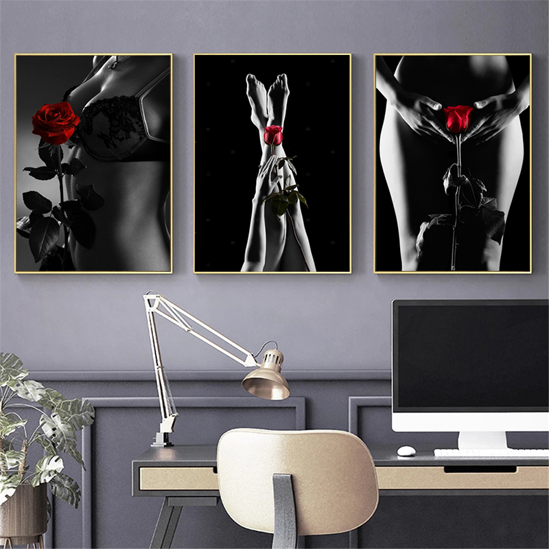 

Nude Rose Flower Poster Canvas Prints Sexy Woman Wall Art Pictures For Living Room Home Decor Black And White Indoor Decoration