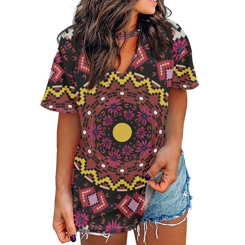 

Women' T-Shirt Plus Size Women Short Tops T Shirts Ethnic And Tribal Motifs Geometric Elements Pattern Lady Soft Loose V-Neck Camiseta Femm, Zsn211117007d45-s-1