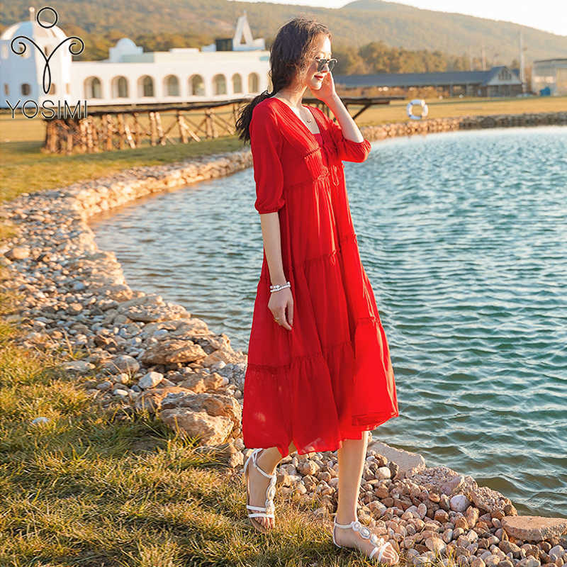 

YOSIMI Summer Maxi Elegant Red Chiffon Short Sleeve Long Women Dresses V-neck Vintage Bohemian Female Mid-calf Loose Dress 210604