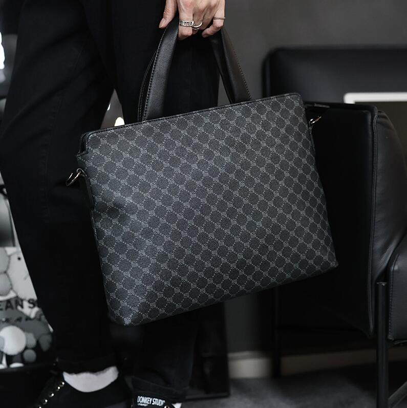 

Factory Outlet men shoulder bags street trends polka dots business briefcases horizontal printed plaid handbag leisure businesss trips leather computer file bag, Black2