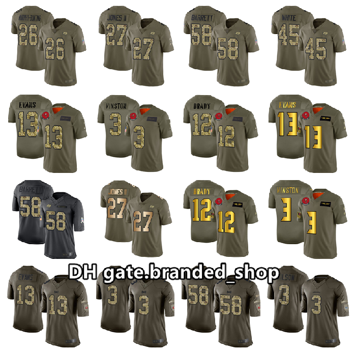 

Tampa Bay Buccaneers men 12 Tom Brady 13 Mike Evans 3 Jameis Winston Women Kids 2021 Olive/Gold Salute To Service Limited Jersey, Black;red