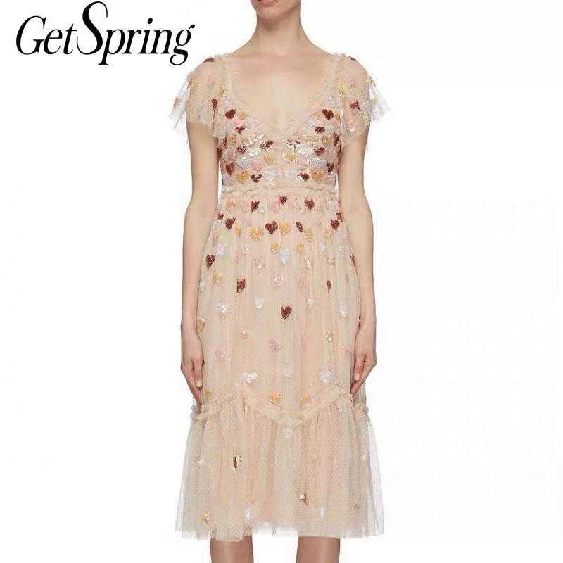 

GETSPRING Women Dress Sequins Patchwork Butterfly Sleeve V-Neck Mesh Dresses Vintage Sexy Long Summer Fashion 210601, Photo color
