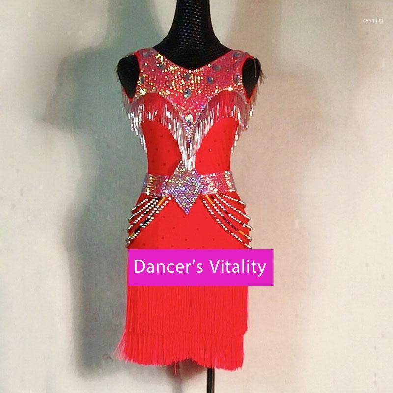 

Latin Dance Performance Clothing Bead Tube Girls Children Temperament Dress Female Adult Stage Competition Skirt1, Red