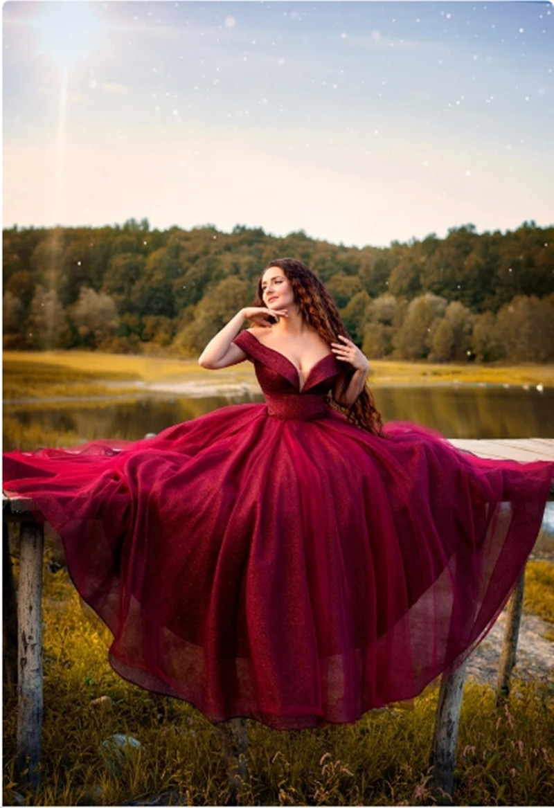 

2022 Dark Red Off Shoulder Evening Dress Sequined Women's A Line Long Prom Dresses Formal Gowns, Ivory