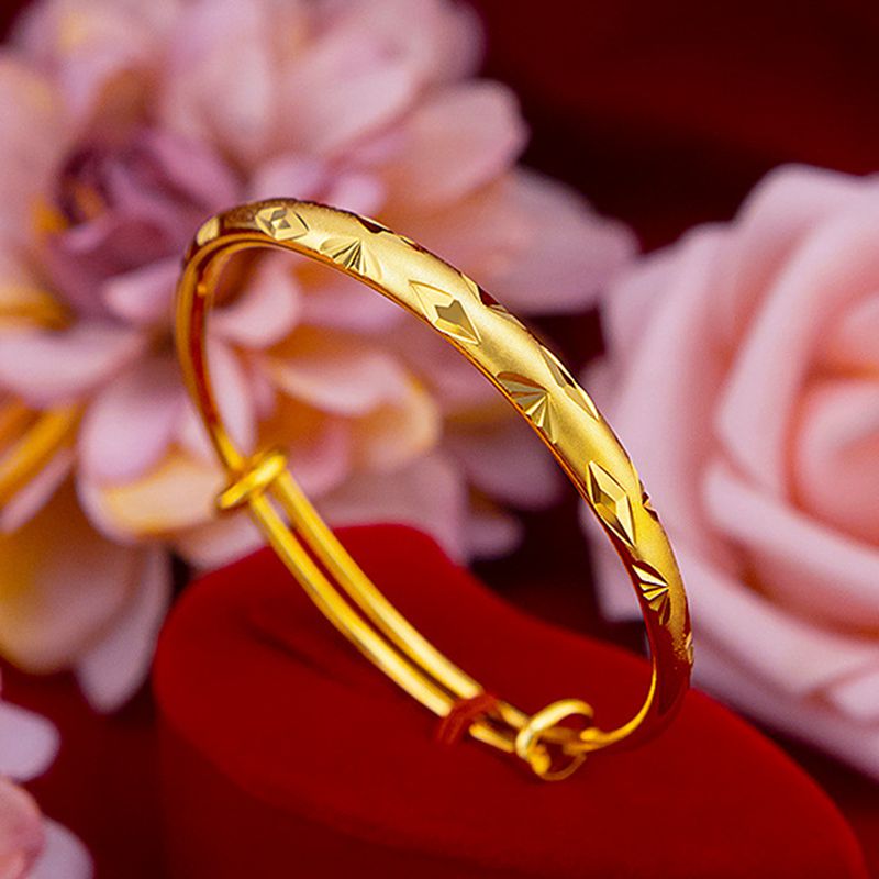Engraved Dubai Traditional Women Bangle 18k Yellow Gold Filled Female Adjust Bracelet Pretty Gift-image-665249898