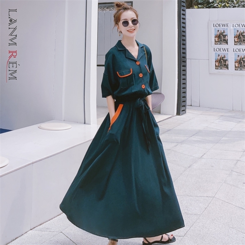 

Women Long Dress Short Sleeve Lapel Drawstring Large Size Dresses Female Summer Fashion Clothing 2D1701 210526, Pink