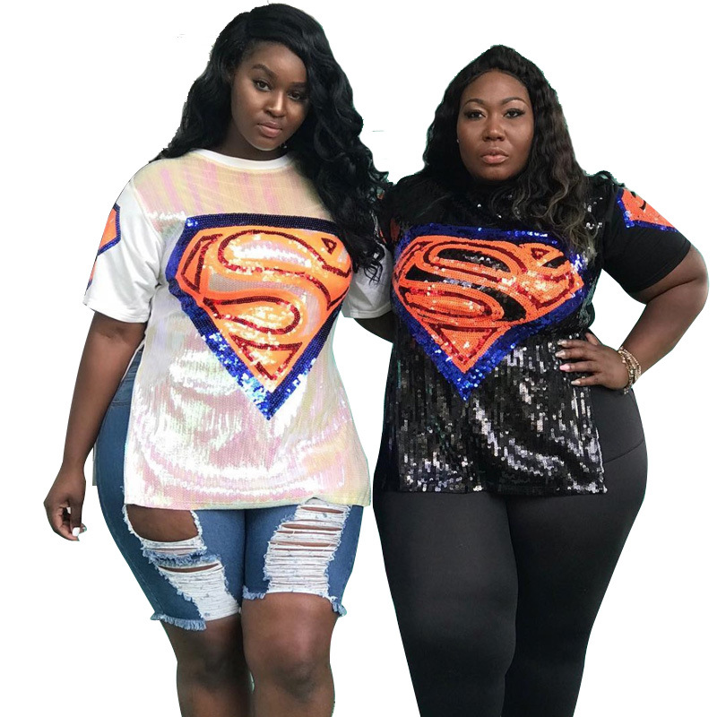

Plus Size T-Shirt Sequins split Superman print clothes, Black