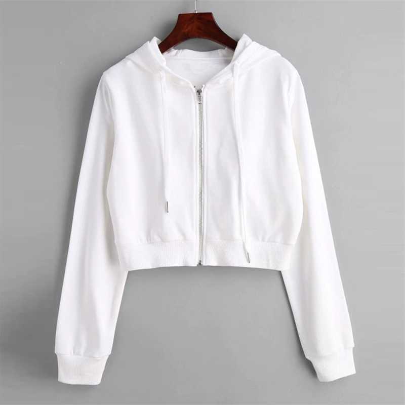 

2021 spring and Autumn New Women' wear solid color short zipper cardigan hooded thin women' sweater, White