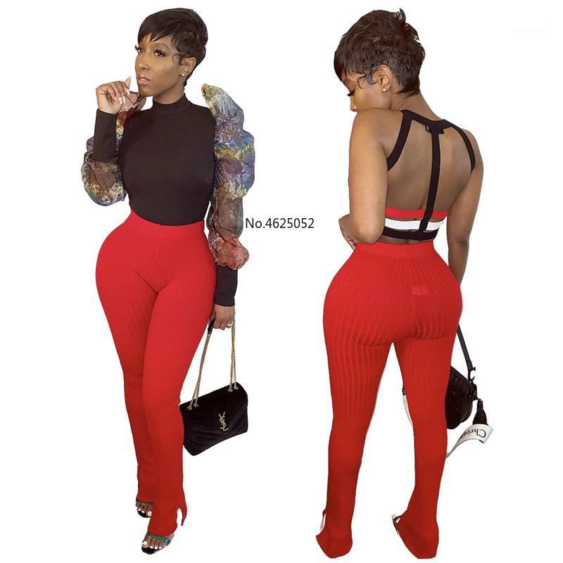 

Women's Pants & Capris Knitted Flare Women Clothes 2021 Ribbed Stacked Sweatpants Split Bell Bottom Streetwear High Waist Trouser, Black;white