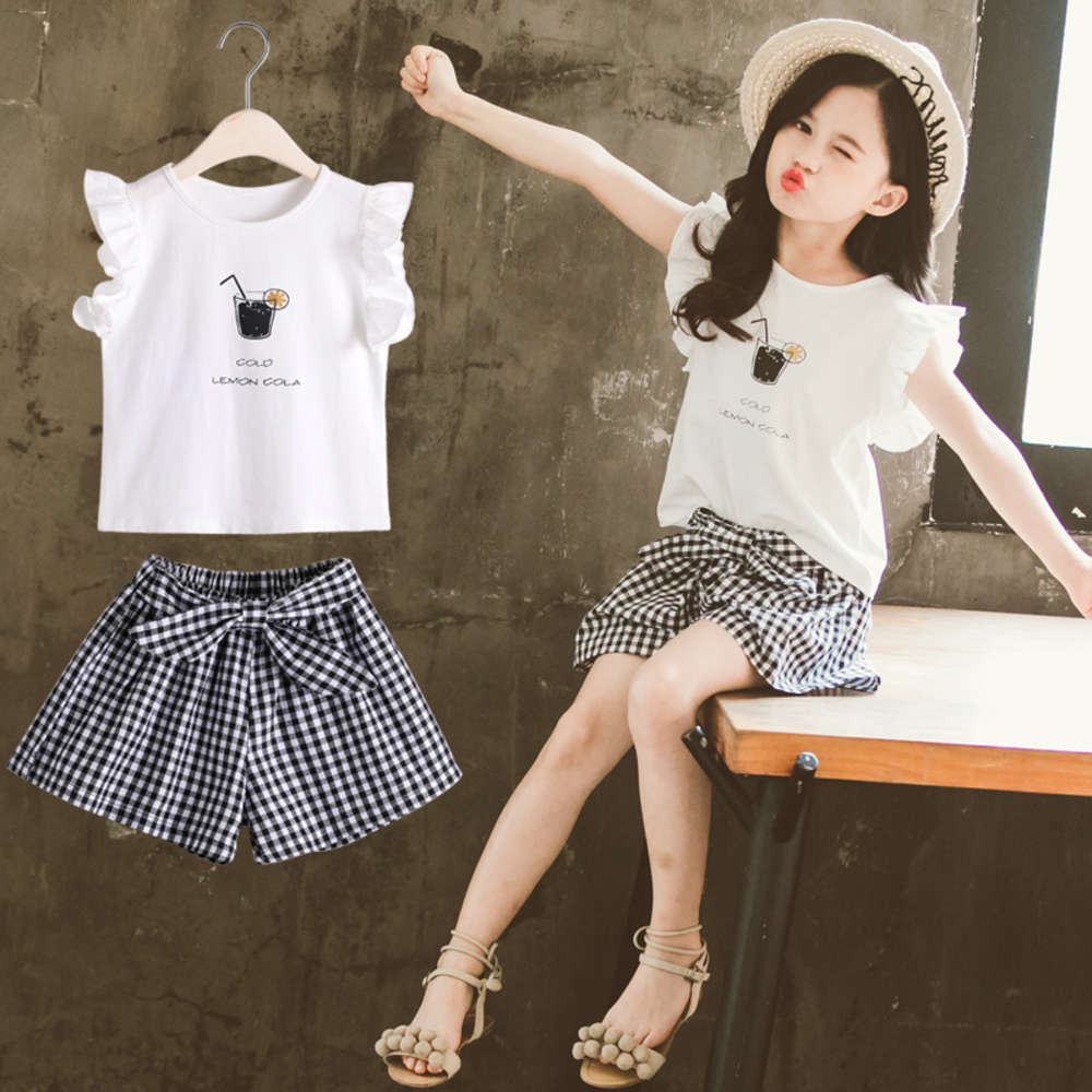 

Summer girls' Plaid Shorts Set summer children's foreign style printed flying sleeve T-shirt set 5, White