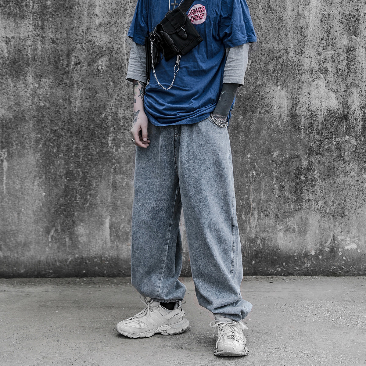 

2021 New Men' Fashion Wide Legs Baggy Homme Casual Pants Cargo Pocket Streetwear Jeans Biker Denim Loose Blue/black Trousers Dg6j