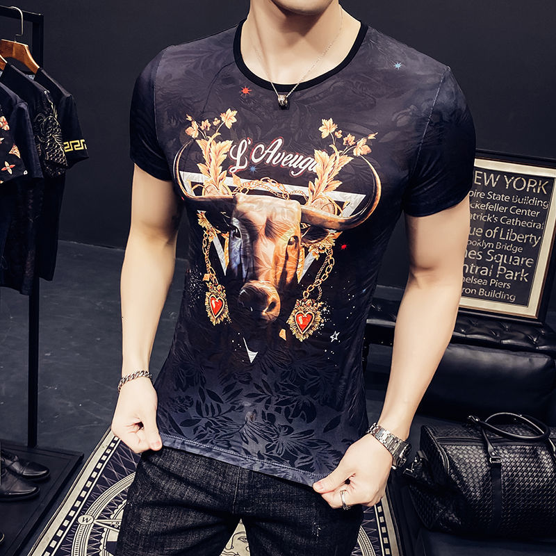 

New Black Gold 2021 Summer Korean Social Club Outfits Tide Camiseta Slim Fit Tee Shirt Homme Ox Head Tshirt for Men U1zm, Picture color