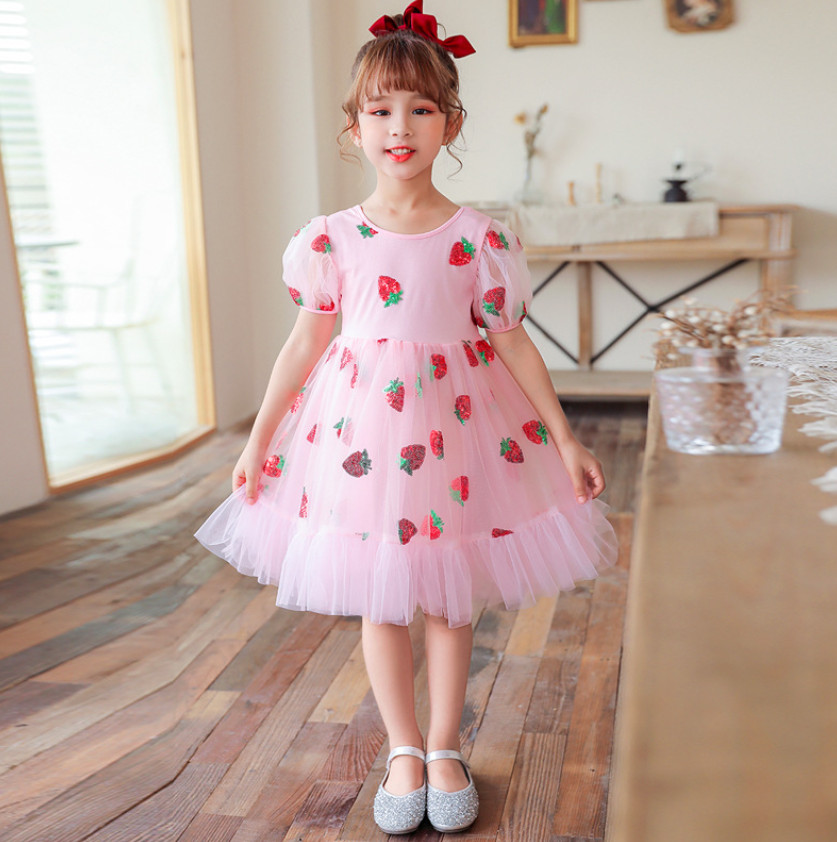 

Girls sequins strawberry Gauze Dresses Summer Children puff shorts sleeve tulle dress Kids backless Princess Clothing A6495, Pink