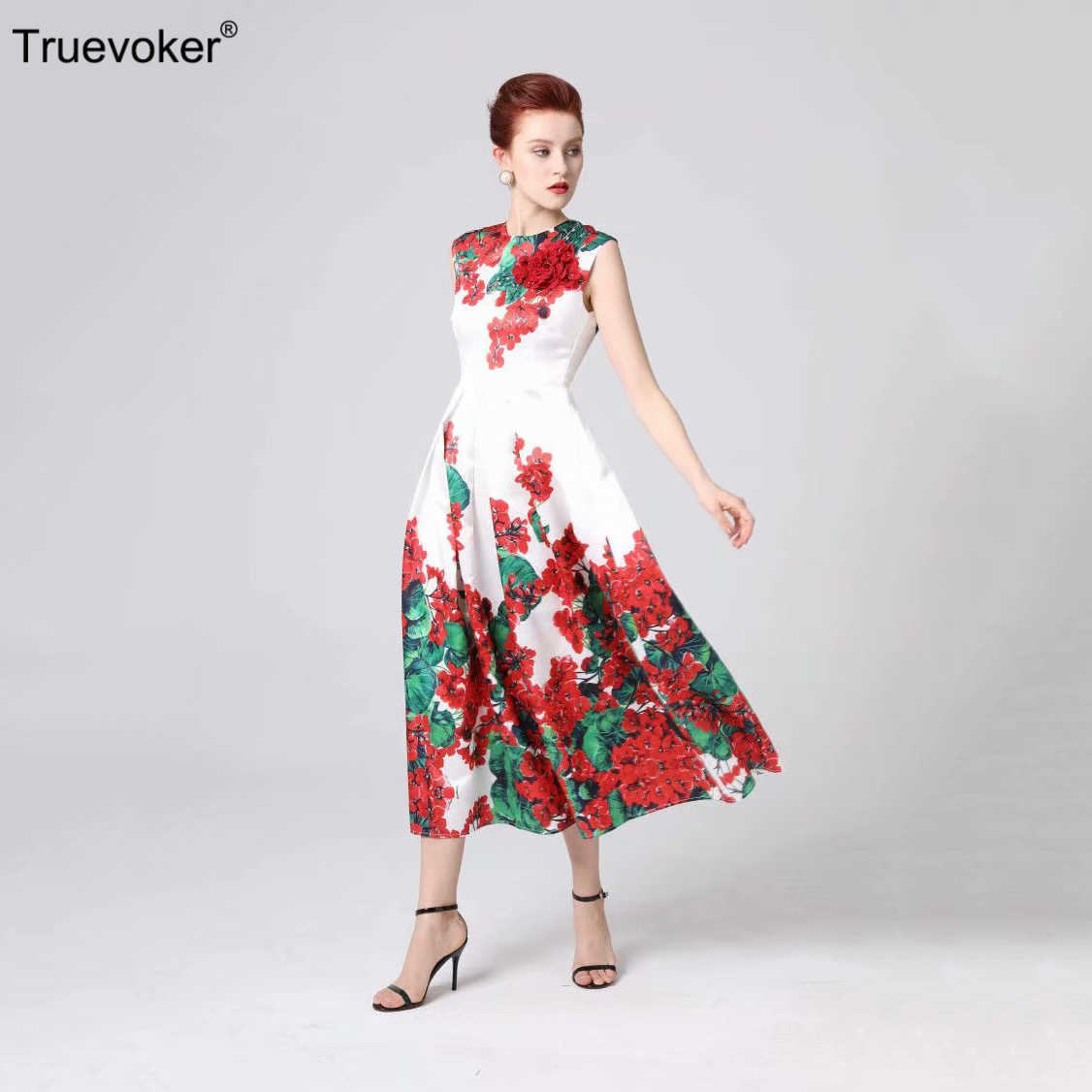 

Truevoker Summer Designer Dresse's High Quality Sleeveless Flower Printed Appliques Ankle Length Holiday Robe Femme Ete 210602, Blue
