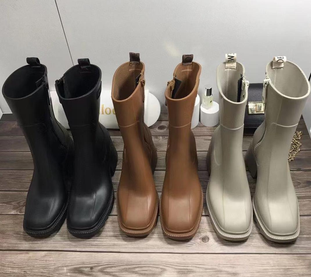

2021 Women Betty Boots PVC Rubber Beeled Platform Knee-high tall Rain Boot Black Waterproof Welly Shoes Outdoor Rainshoes High heels