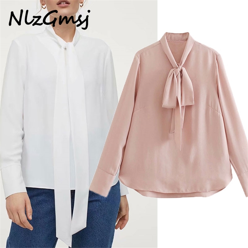 

Blouse Women Pink Bow Solid White Color Blusas Mujer Long Sleeve s Tops 210628, As picture
